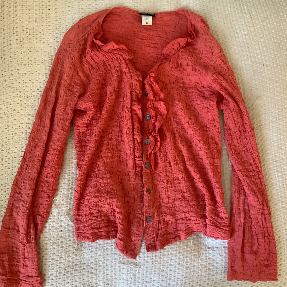 Vintage Y2K 90s Pink Coral Crinkle Scrunch Button Up Long Sleeve Blouse Top